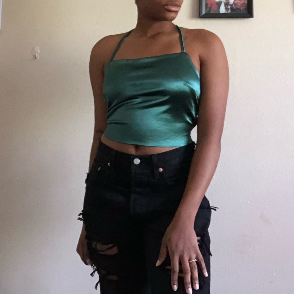 Forest green satin lace up crop top